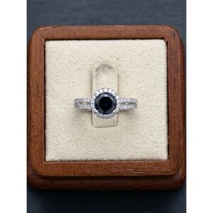 925 Sterling Silver Black Onyx Round Faceted Halo Ring CZ Split Shank Size 6 New